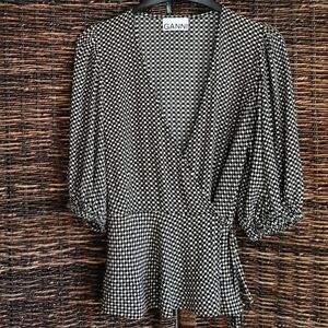Ganni Blouse 36 Black Tan Checkered V Neck Wrap Top Surplice Shirt Puff Sleeve